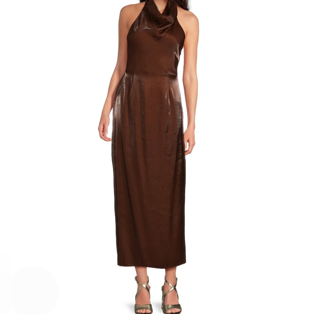 Gianni Bini Maxi Dress 8 Brown Cognac Dorinda Metallic Long Halter New $190